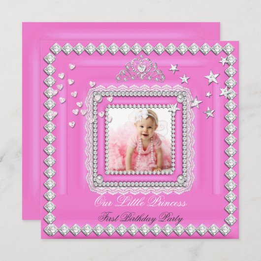 リトルプリンセスの最初の誕生日パーティーの写真 招待状 (正面/裏面)