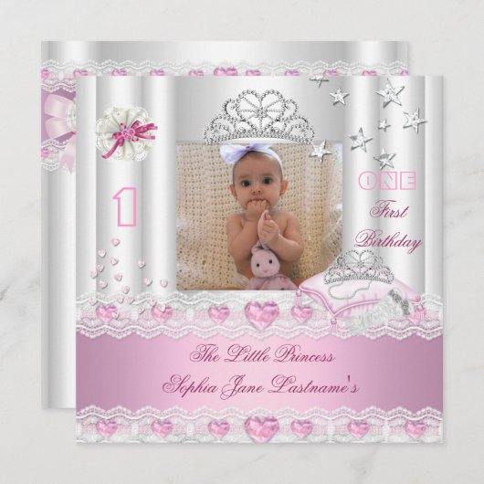 リトルプリンセスの最初の誕生日パーティーの写真 招待状 (正面/裏面)