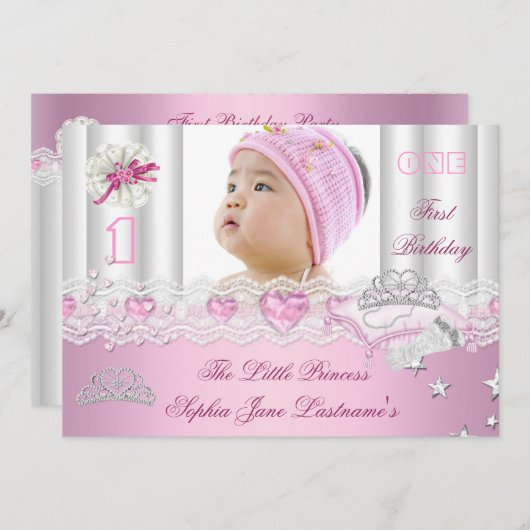 リトルプリンセスの最初の誕生日パーティーの写真 招待状 (正面/裏面)