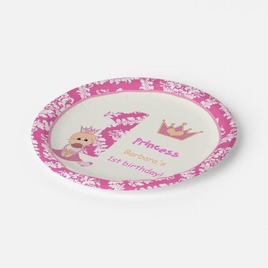 リトルプリンセスガールズ1st誕生日ホットピンクダマスク ペーパープレート (アングル)