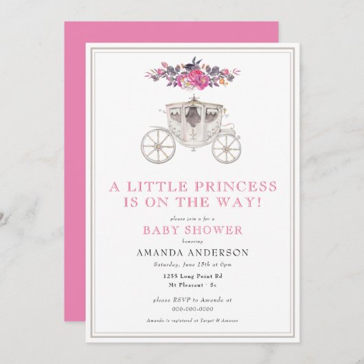 リトルプリンセスガールピンクロマンチックな赤ちゃんシャワー 招待状 (正面/裏面)