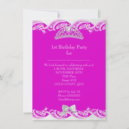 リトルプリンセスガール最初の誕生日パーティーの写真 招待状 (裏面)