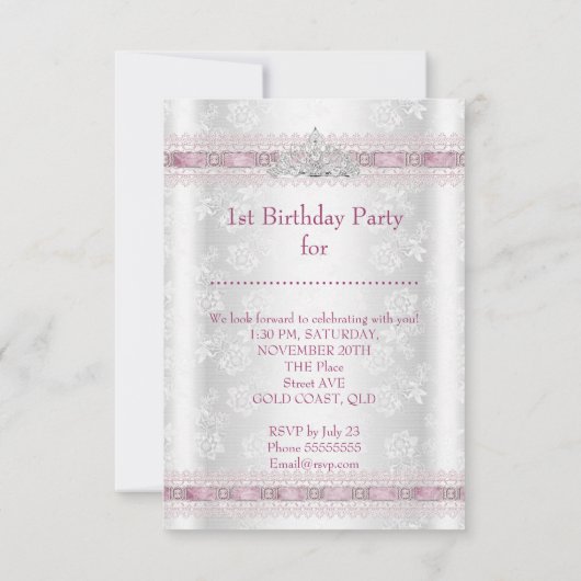 リトルプリンセスガール最初の誕生日パーティーの写真 招待状 (裏面)