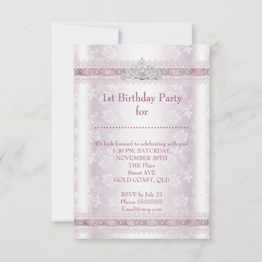 リトルプリンセスガール最初の誕生日パーティーの写真 招待状 (裏面)