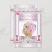 リトルプリンセスガール最初の誕生日パーティーの写真 招待状 (正面/裏面)