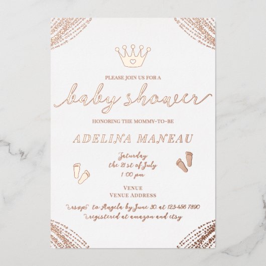リトルプリンセスクラウンフローラガールボーイベビーシャワー 箔招待状 (正面)