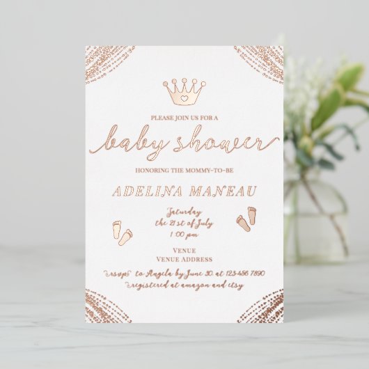 リトルプリンセスクラウンフローラガールボーイベビーシャワー 箔招待状 (立ち正面)