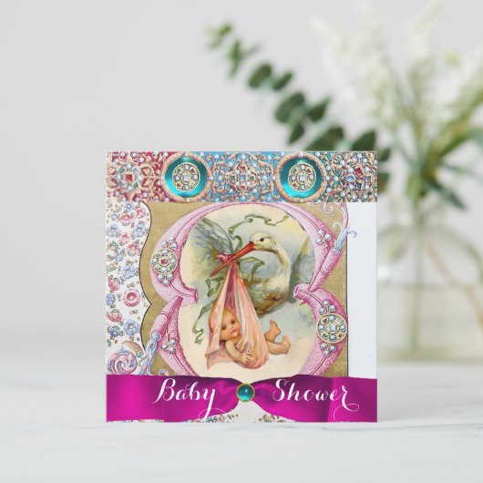 リトルプリンセスコウノトリ赤ちゃんシャワー、フローラ宝石 招待状 (スタンド正面)