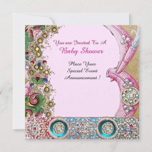 リトルプリンセスコウノトリ赤ちゃんシャワー、フローラ宝石 招待状 (裏面)