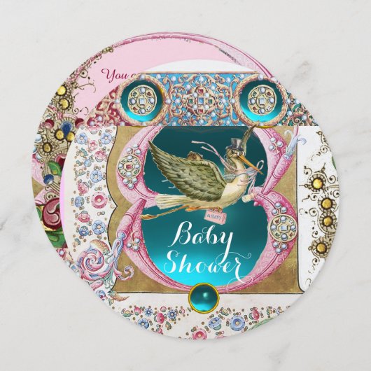 リトルプリンセスコウノトリ赤ちゃんシャワー、フローラ宝石 招待状 (正面/裏面)