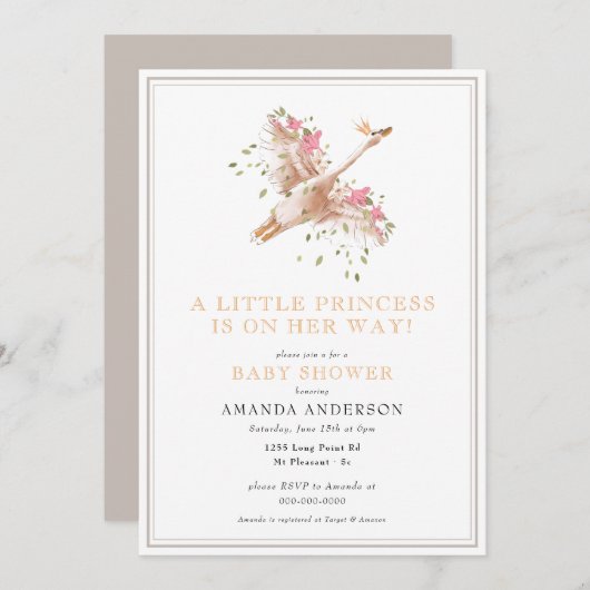 リトルプリンセススワンフローラガールピンク赤ちゃんシャワー 招待状 (正面/裏面)