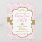 リトルプリンセスピンクと金ゴールドファースト誕生日 招待状 (正面/裏面)