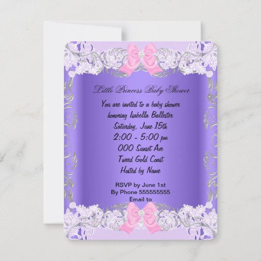 リトルプリンセスピンクパープルグレーガールベビーシャワー 招待状 (裏面)