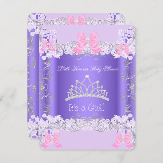 リトルプリンセスピンクパープルグレーガールベビーシャワー 招待状 (正面/裏面)