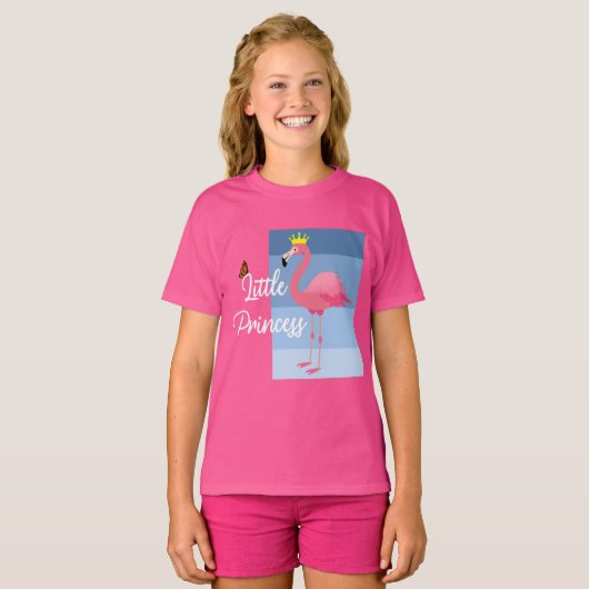 リトルプリンセスピンクフラミンゴデザイン – ガールズバシ Tシャツ (正面フル)