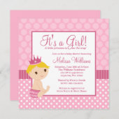 リトルプリンセスピンク水玉模様ガールベビーシャワー 招待状 (正面/裏面)