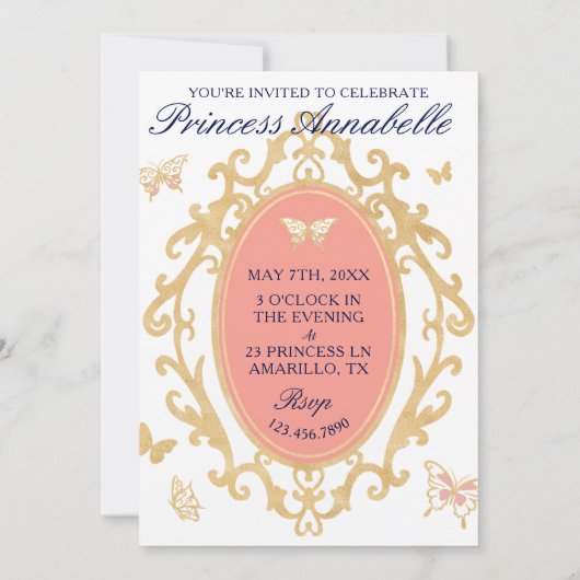 リトルプリンセスピンク&金ゴールド誕生日招待状 招待状 (裏面)
