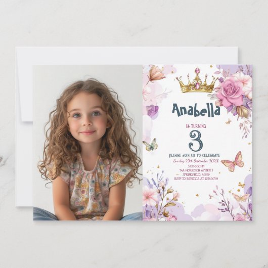 リトルプリンセスフローラパープルガールバースデーパーティー 招待状 (正面)