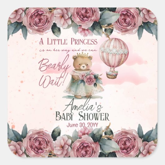 リトルプリンセスベアーリーウェイガールベビーシャワー スクエアシール (正面)