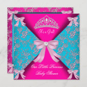 リトルプリンセスベビーシャワーガールティール（緑がかった色）ブルーピンク3 招待状 (正面/裏面)
