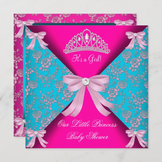 リトルプリンセスベビーシャワーガールティール（緑がかった色）ブルーピンク3 招待状 (正面/裏面)