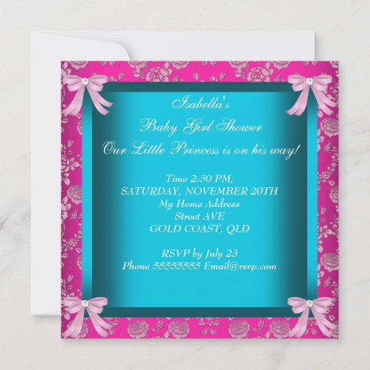 リトルプリンセスベビーシャワーガールティール（緑がかった色）ブルーピンク3 招待状 (裏面)