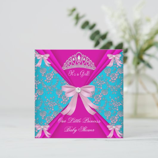 リトルプリンセスベビーシャワーガールティール(緑がかった色)ブルーピンク3a 招待状 (スタンド正面)