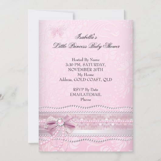 リトルプリンセスベビーシャワーガールバタフライオウム 招待状 (裏面)