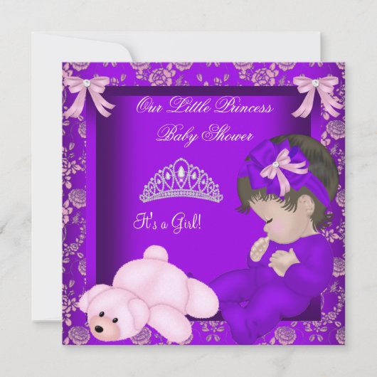 リトルプリンセスベビーシャワーガールパープルダマスク 招待状 (正面)