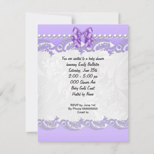 リトルプリンセスベビーシャワーガールパープルヴィンテージ 招待状 (裏面)