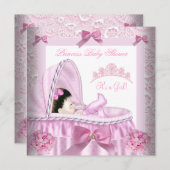 リトルプリンセスベビーシャワーガールピンクダマスク 招待状 (正面/裏面)