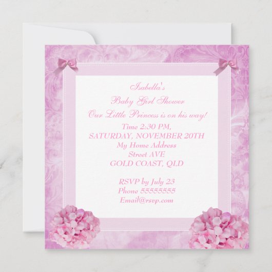 リトルプリンセスベビーシャワーガールピンクフローラ 招待状 (裏面)