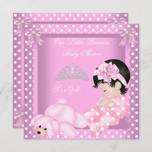 リトルプリンセスベビーシャワーガールピンク水玉模様2 招待状 (正面/裏面)