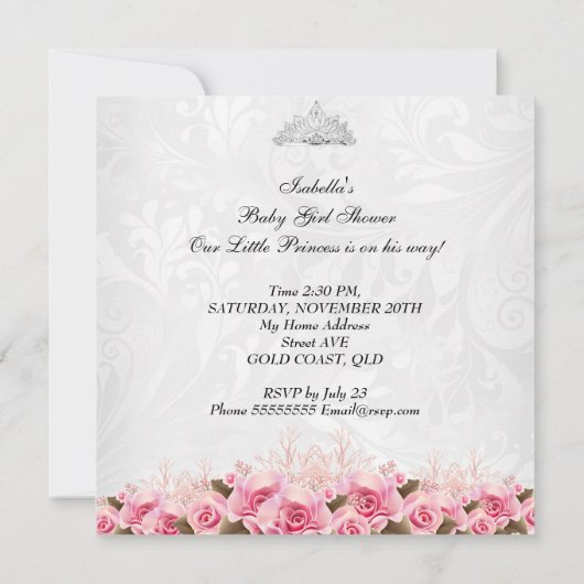 リトルプリンセスベビーシャワーベビーガールピンクローズ4 招待状 (裏面)