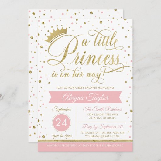 リトルプリンセスベビーシャワー招待状フェイクグリッター 招待状 (正面/裏面)