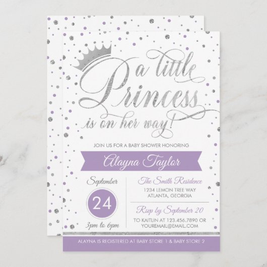 リトルプリンセスベビーシャワー招待状フェイクグリッター 招待状 (正面/裏面)