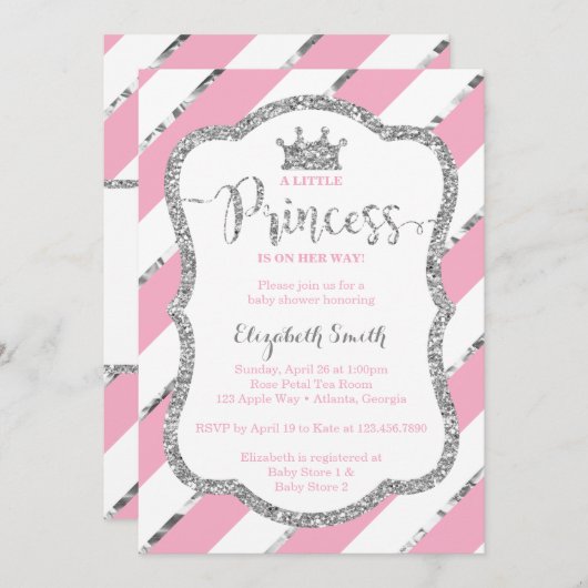 リトルプリンセスベビーシャワー招待状フェイクグリッター 招待状 (正面/裏面)