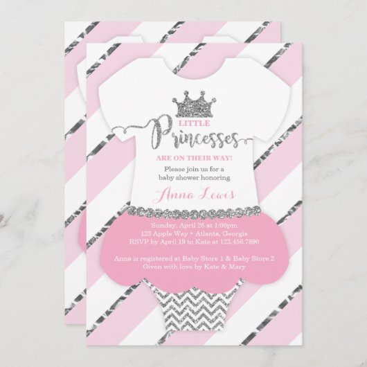 リトルプリンセスベビーシャワー招待状フェイクグリッター 招待状 (正面/裏面)