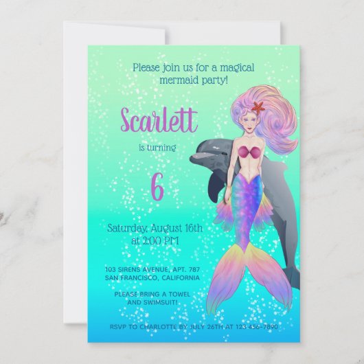 リトルプリンセスマーメイドバブル誕生日写真 招待状 (正面)