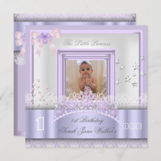 リトルプリンセス最初の誕生日パーティフォトパープル 招待状 (正面/裏面)