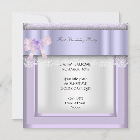 リトルプリンセス最初の誕生日パーティフォトパープル 招待状 (裏面)