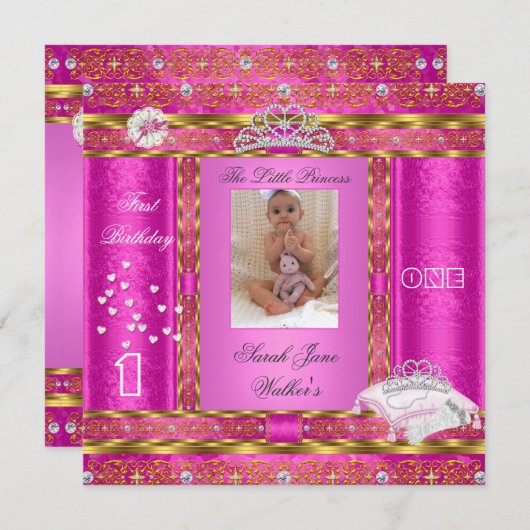 リトルプリンセス最初の誕生日パーティー写真ピンク 招待状 (正面/裏面)