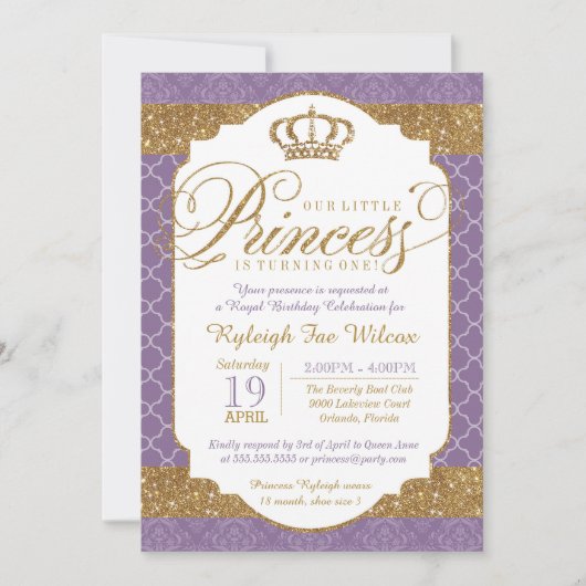 リトルプリンセス王室のパープルと金ゴールド誕生日 招待状 (正面)
