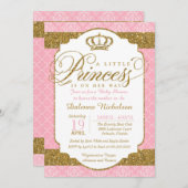リトルプリンセス王室のピンクと金ゴールド赤ちゃんシャワー 招待状 (正面/裏面)
