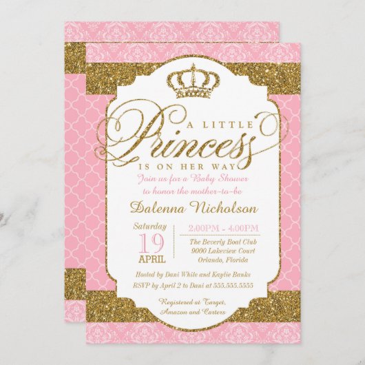 リトルプリンセス王室のピンクと金ゴールド赤ちゃんシャワー 招待状 (正面/裏面)