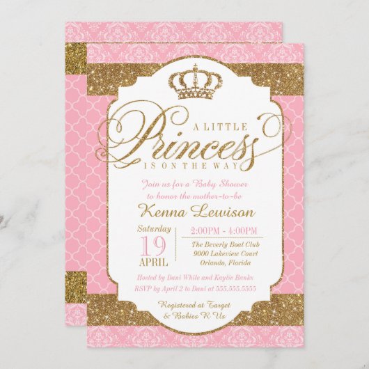リトルプリンセス王室のピンクと金ゴールド赤ちゃんシャワー 招待状 (正面/裏面)