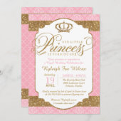 リトルプリンセス王室のピンク金ゴールド誕生日またはシャワー 招待状 (正面/裏面)