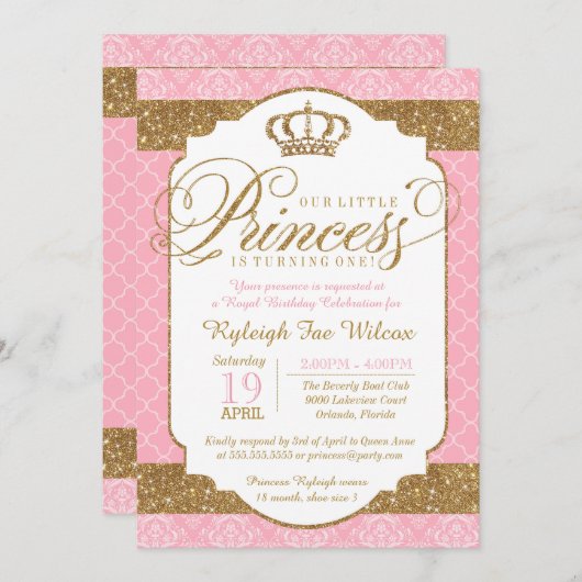 リトルプリンセス王室のピンク金ゴールド誕生日またはシャワー 招待状 (正面/裏面)