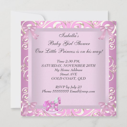 リトルプリンセス赤ちゃんシャワー女の子ロッキングホース5 招待状 (裏面)