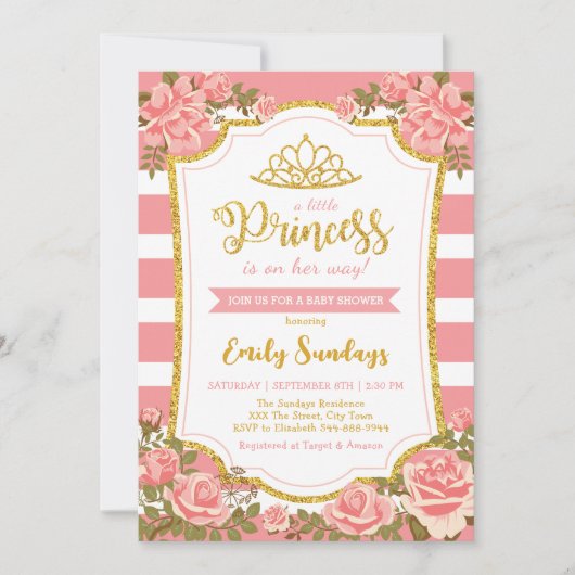リトルプリンセス金ゴールドクラウンピンクフローラ赤ちゃんシャワー 招待状 (正面)